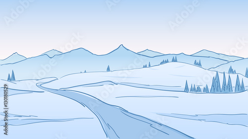 Vector illustration: Hand drawn Winter Mountains landscape with road, pines and hills. Line design.