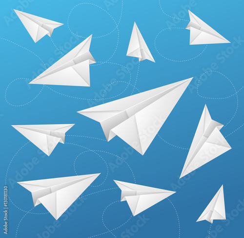 Paper Aircraft Fly on Blue Background. Vector