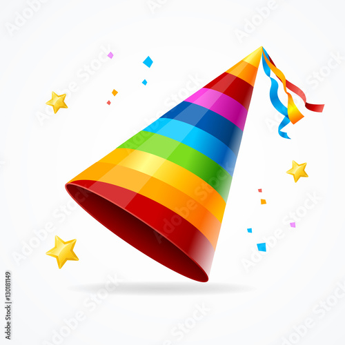 Realistic Party Hat with a Rainbow Pattern. Vector