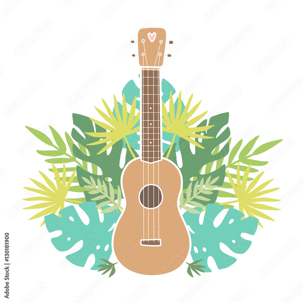 Fototapeta premium Ukulele and tropical leafs.