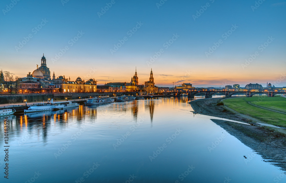 Panorama of the famous skyline of Dresden with the river Elbe after sunset