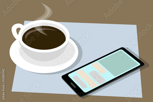 Cup of black coffee. Find someone with the smartphone. Vector