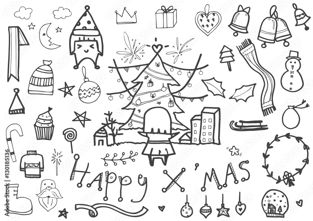vector set of Christmas drawn doodles in black line on white background