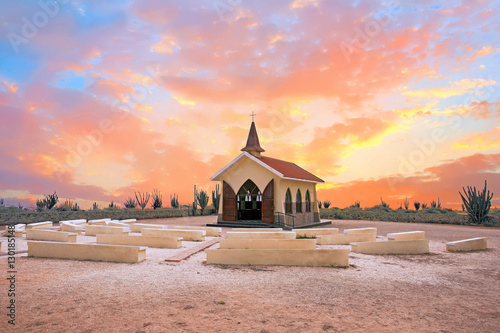 Alto Vista Chapel on Aruba island in the Caribbean at sunset photo