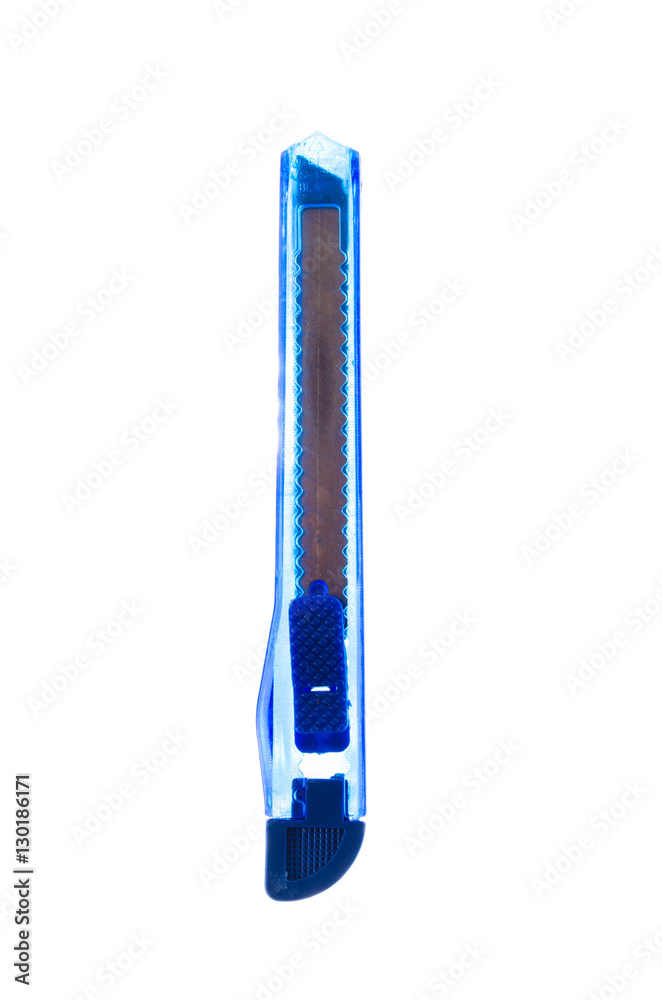 Blue stationery knife on a white background Blue stationery knife on a white background