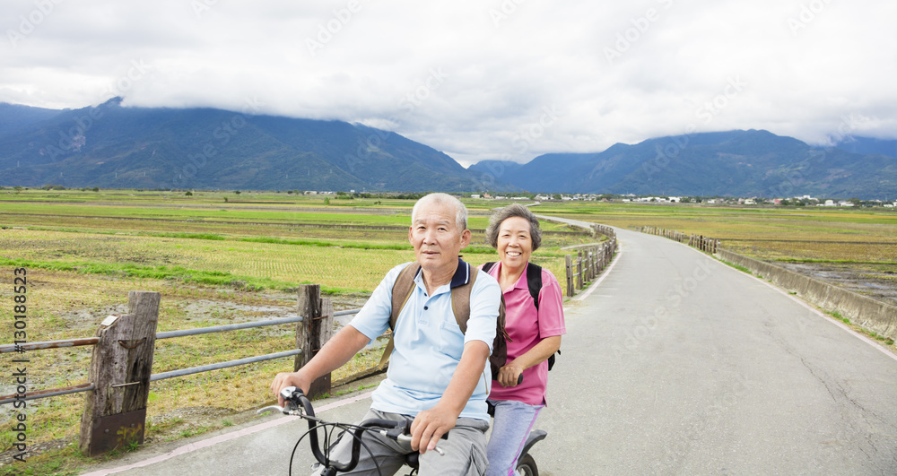 happy Senior  Couple Riding Bicycle on country road