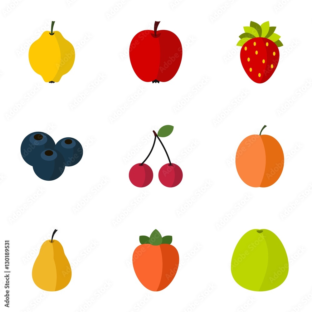 Farm fruits icons set. Flat illustration of 9 farm fruits vector icons for web Farm fruits icons set. Flat illustration of 9 farm fruits vector icons for web