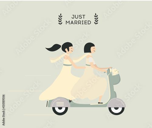 Just married lesbian wedding couple riding motobike