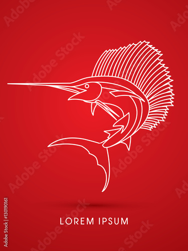 Sailfish Jumping, outline graphic vector.