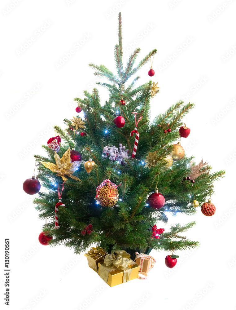 christmas evergreen natural fresh tree with holiday decorations and lights over white backgroundbackground christmas evergreen natural fresh tree with holiday decorations and lights over white backgroundbackground