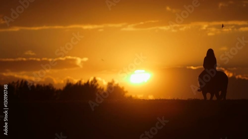 Woman riding horse on field during sunset