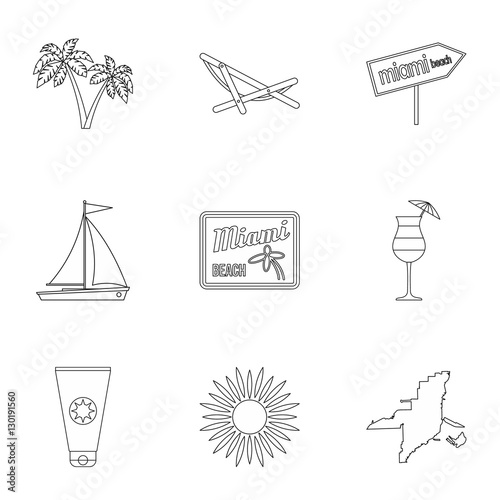 Holiday in Miami icons set. Outline illustration of 9 holiday in Miami vector icons for web