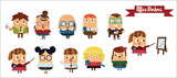 Digital vector cartoon characters set, office workers showing different emotions, talking, eating, smiling, thinking