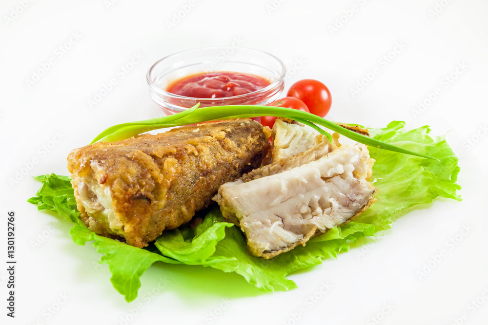 fried hake with tomatoes and green onion fried hake with tomatoes and green onion