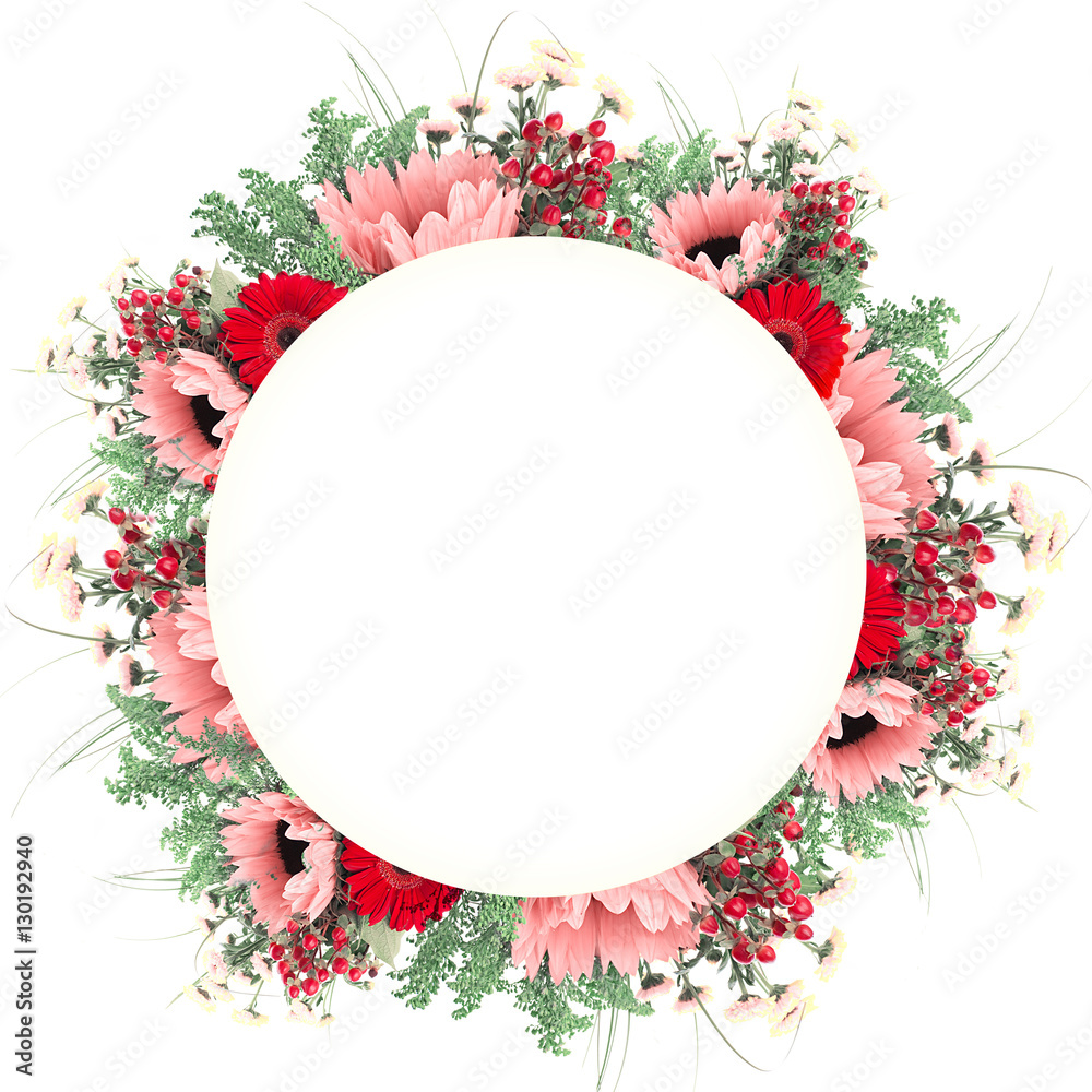 Obraz premium Amazing background with daisies and sunflowers. Yellow and red flowers on a white blank. Floral nature card. Flower and butterfly bokeh.