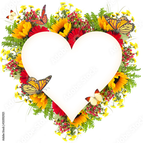 Fototapeta Naklejka Na Ścianę i Meble -  Amazing background with daisies and sunflowers. Yellow and red flowers on a white blank. Floral nature card. Flower and butterfly bokeh.
