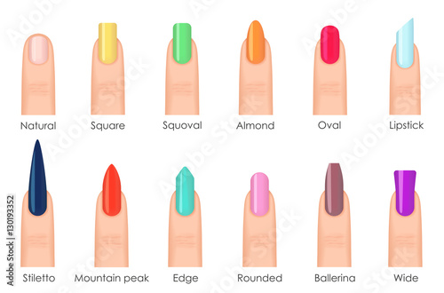 Nails shape icons set. Types of fashion bright colour nail shapes collection. Fashion nails type trends. Beauty spa salon colorful woman fingernails set.
