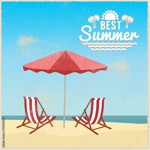 Summer beach in flat design, sea side and beach items, vintage design vector illustration