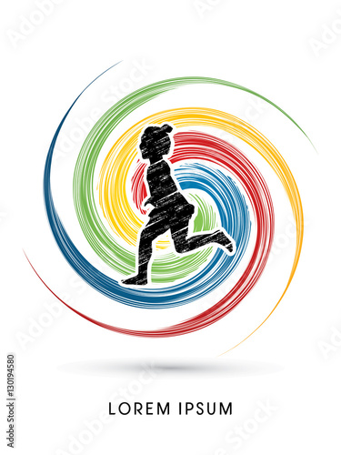 Children, Little girl running designed using grunge brush on colorful spin circle background graphic vector.