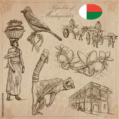 Madagascar - Pictures of life. Travel vector set.