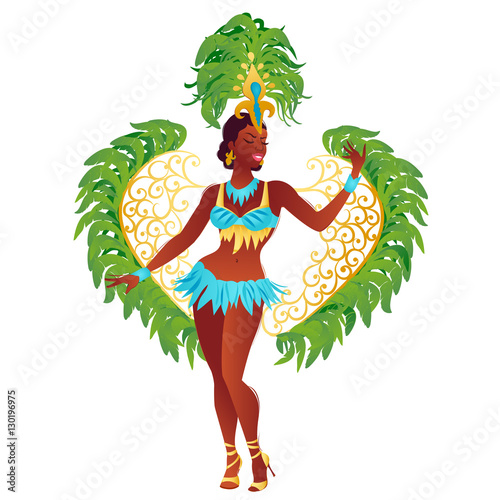 Brazilian samba dancer vector. A beautiful carnival girl wearing a festival costume is dancing.