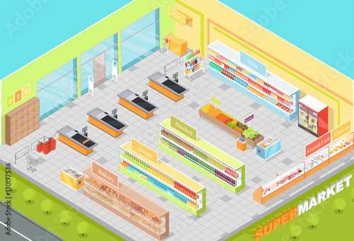 Supermarket Departments Interior 3d Isometric Shop