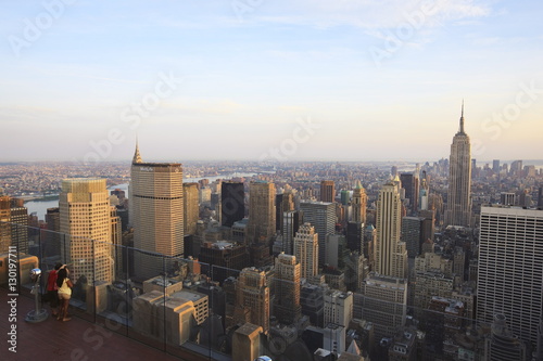 View from the top of the Rockefeller Center of Lower Manhattan and the Empire State Building, New York City, New York