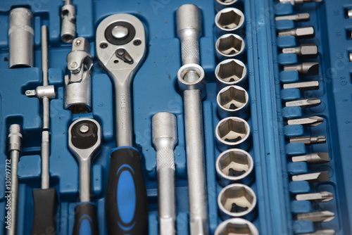 set of socket wrench in plastic box closeup