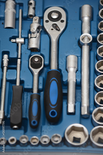 set of socket wrench in plastic box closeup