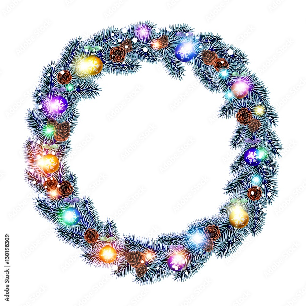 Christmas Wreath, balls isolated. white background. snow. light vector
