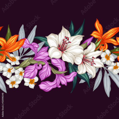 Vector tropical leaves and flowers seamless pattern. Hand painted illustration on black background. Frame border