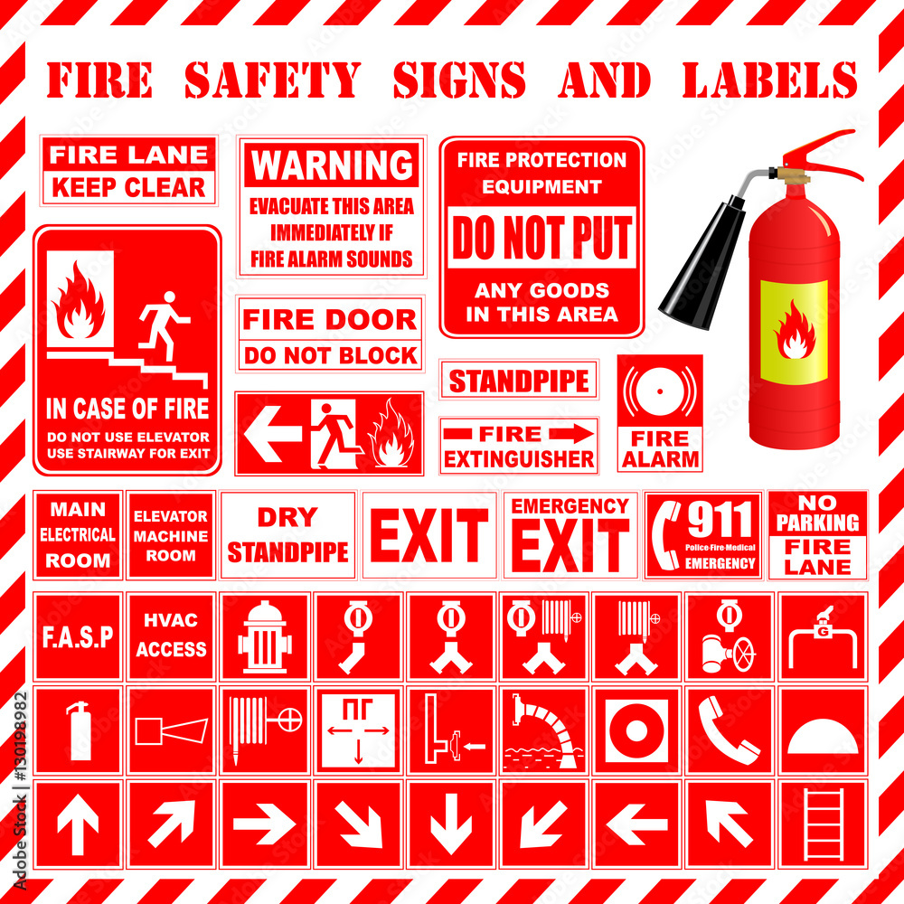 Obraz premium Fire safety. Знаки, обозначения, информационные таблички по пожарной безопасности.