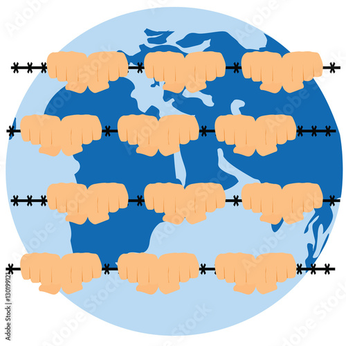 Refugee men and fence.