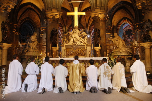 Eucharist adoration in Notre Dame de Paris cathedral, Paris, France