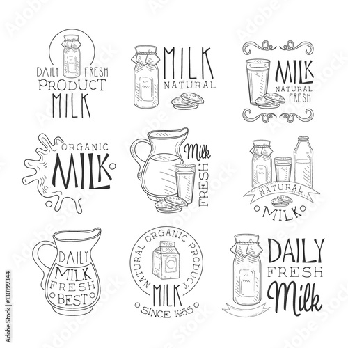 Best Organic Milk Product Set Of Hand Drawn Black And White Sign Design Templates With Calligraphic Text