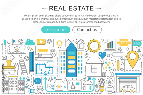 Vector modern line flat design Real estate property concept. Real estate icons Website Header, app design poster banner.