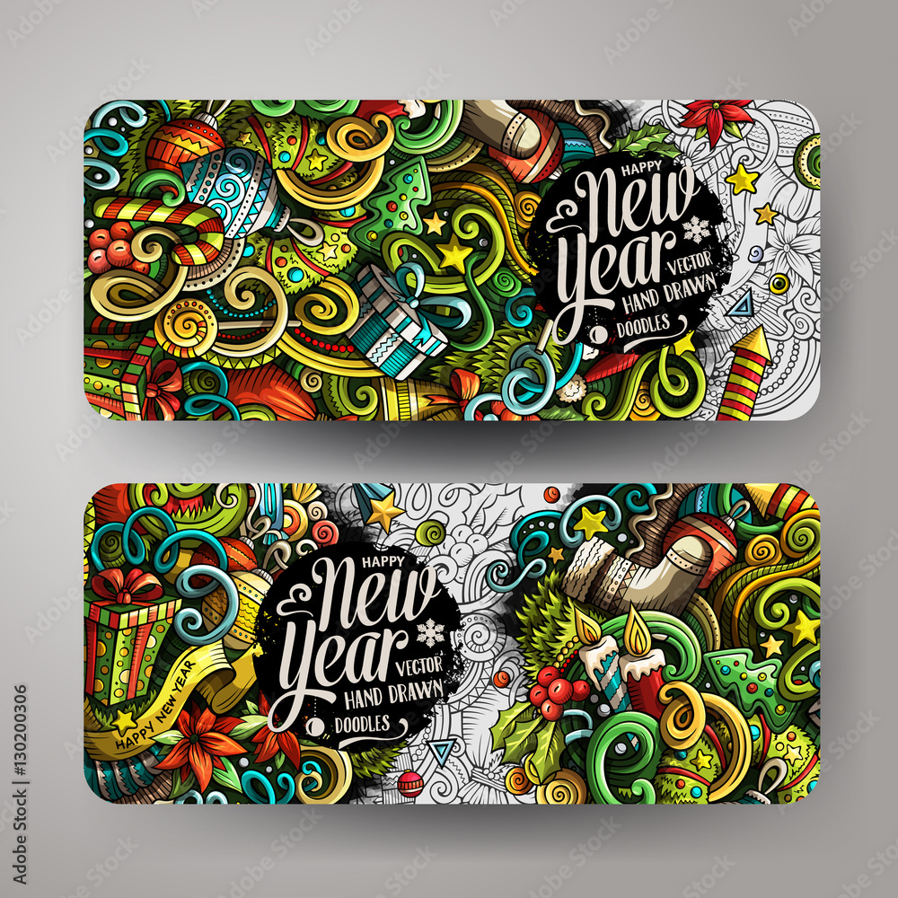 Cartoon doodles New Year holidays banners