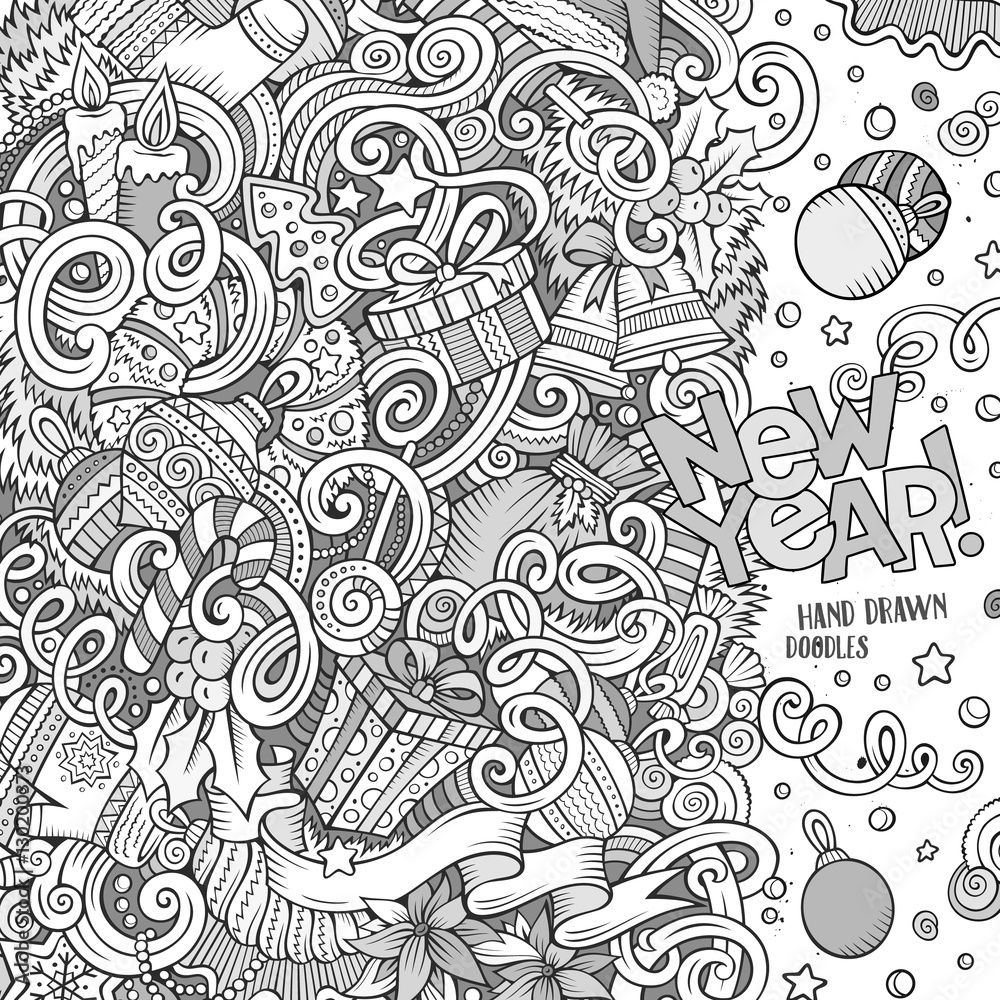 Cartoon cute doodles Happy New Year frame Cartoon cute doodles Happy New Year frame