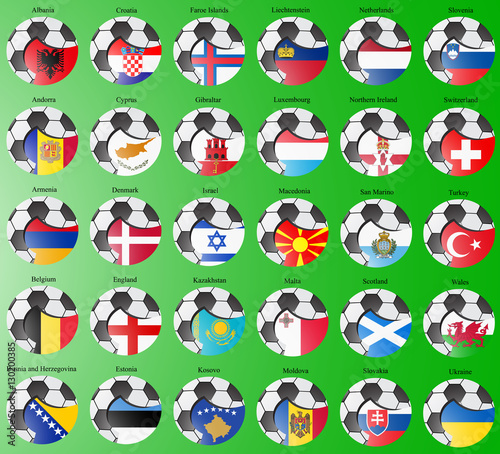 Set of icons. Flags of the Europe with soccer ball.