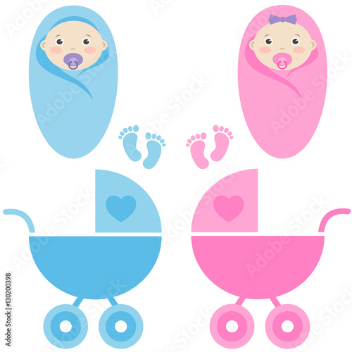 baby girl, baby boy and baby carriage