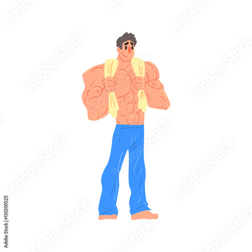 Man In Blue Sortive Pants Bodybuilder Funny Smiling Character On Steroids Going Out Of Gym With Towel On The Shoulders photo