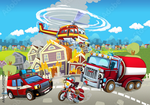 Cartoon stage with different machines for firefighting - colorful and cheerful scene - illustration for children © honeyflavour