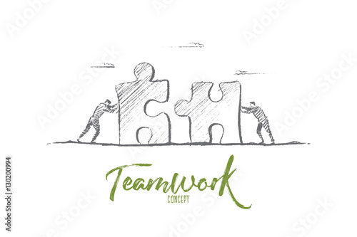 Vector hand drawn teamwork concept sketch. Bisiness people pushing huge pieces of one puzzle towards each other. Lettering Teamwork concept