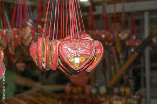 Colorfully decorated biscuits known as licitar hearts. Selective focus. photo