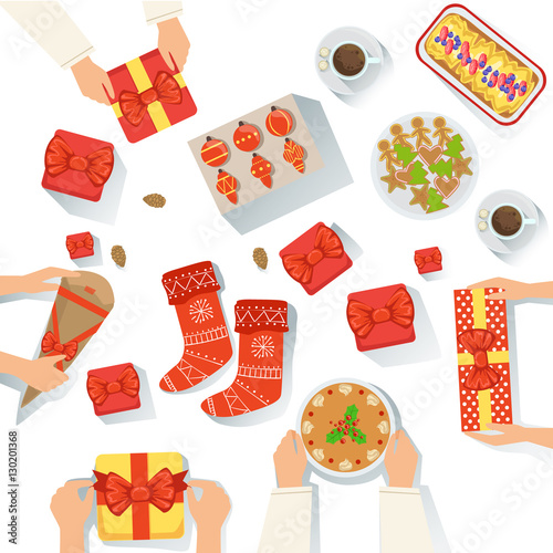 Family With The Traditionally Served Christmas Celebration Meal View From Above Cartoon Illustration