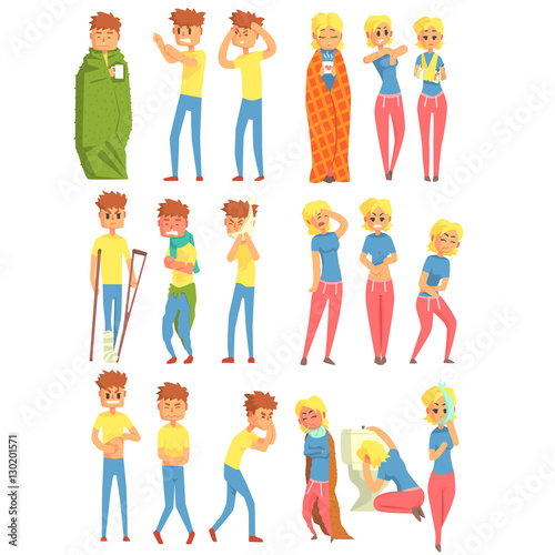 Adult People Feeling Unwell, Sick Suffering From Illness And Injury, Set Of Men And Women Cartoon Characters