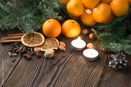 Tangerines  and decorations for the holiday table