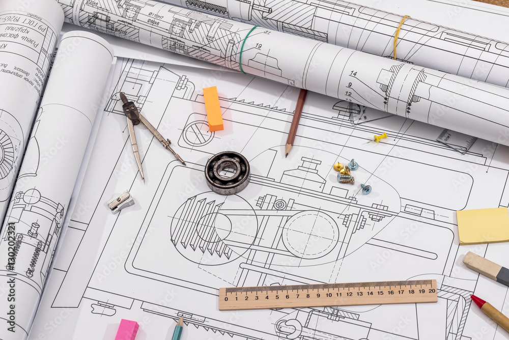 Workplace - technical project drawing with engineering tools ...