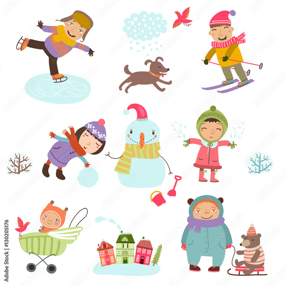 Set of vector illustrations. Children in the winter. Walking, playing, skating, skiing, snowman. Cute characters. Babes on a walk