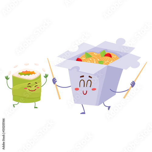 Smiling Japanese noodle in paper box and avocado roll characters, cartoon vector illustration isolated on white background. Cute and funny smiling noodle box and avocado roll, suchi character
